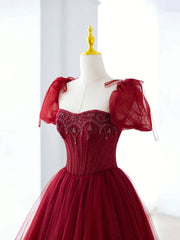 Party Dresses Indian, Burgundy Tulle Beaded Long Prom Dress, A-Line Formal Evening Dress