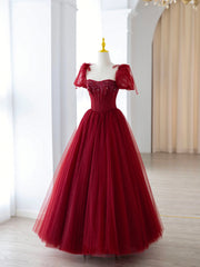 Party Dress Clubwear, Burgundy Tulle Beaded Long Prom Dress, A-Line Formal Evening Dress