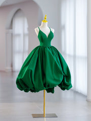 Prom Dress Pink, Green V-Neck Satin Short Prom Dress, A-Line Green Evening Dress