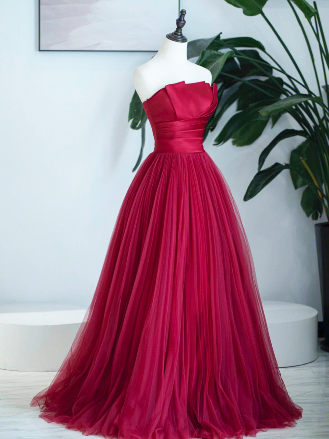 Party Dress Red Colour, Burgundy Strapless Tulle Prom Dress, Burgundy Long Formal Dress