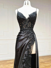Homecoming Dress With Sleeves, Black V-Neck Satin Lace Long Prom Dress, Black Spaghetti Strap Evening Dress with Slit