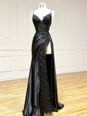 Homecomming Dress With Sleeves, Black V-Neck Satin Lace Long Prom Dress, Black Spaghetti Strap Evening Dress with Slit