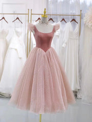 Red Gown, Pink Velvet Tulle Short Prom Dress, Lovely A-Line Homecoming Party Dress
