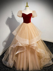 Bridesmaids Dress Online, Cute Velvet Tulle Long Prom Dress, A-Line Short Sleeve Formal Dress