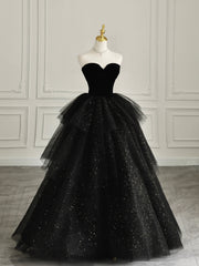 Prom Dress Outfit, Black Strapless Tulle Formal Dress with Velvet, A-Line Sweetheart Neck Long Prom Dress