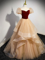 Bridesmaid Dresses Beach Weddings, Cute Velvet Tulle Long Prom Dress, A-Line Short Sleeve Formal Dress