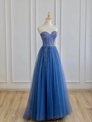 Off Shoulder Prom Dress, Blue Strapless Tulle Long Prom Dress with Beaded, A-Line Evening Formal Dress