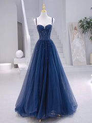 Dance Dress, Blue Tulle Beaded Long Formal Dress, Blue Evening Dress