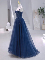 Long Prom Dress, Blue Tulle Beaded Long Formal Dress, Blue Evening Dress