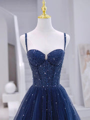 Plu Size Prom Dress, Blue Tulle Beaded Long Formal Dress, Blue Evening Dress