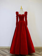 Prom Dresses Long With Slit, A-Line Long Sleeve Velvet Floor Length Prom Dress, Burgundy Formal Evening Dress
