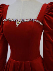 Prom Dress Pink, A-Line Long Sleeve Velvet Floor Length Prom Dress, Burgundy Formal Evening Dress