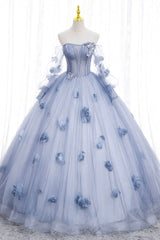 Formal Dresses For Weddings Near Me, Blue Tulle Long Sleeve Prom Dress, A-Line Off the Shoulder Evening Gown
