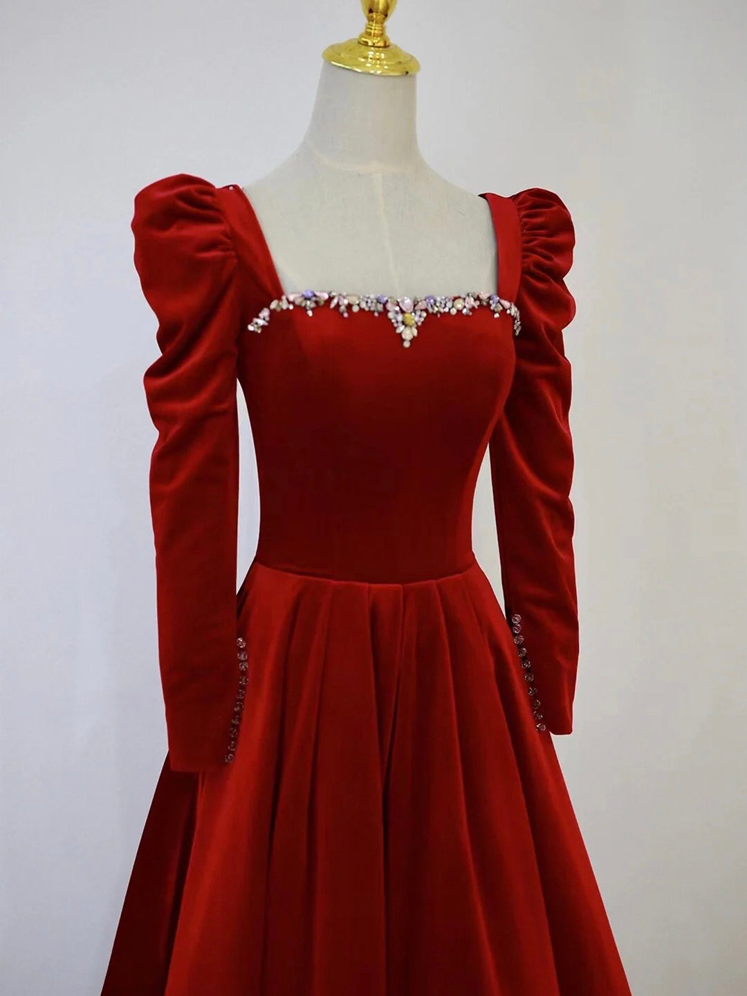 Prom Dresses Bodycon, A-Line Long Sleeve Velvet Floor Length Prom Dress, Burgundy Formal Evening Dress
