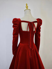 Prom Dress Bodycon, A-Line Long Sleeve Velvet Floor Length Prom Dress, Burgundy Formal Evening Dress