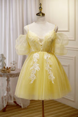Formal Dresses For Weddings, Yellow Lace Short Prom Dress, Off the Shoulder Homecoming Dress