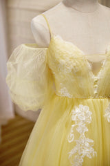 Formal Dress Outfits, Yellow Lace Short Prom Dress, Off the Shoulder Homecoming Dress