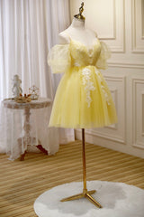 Formal Dress Gown, Yellow Lace Short Prom Dress, Off the Shoulder Homecoming Dress