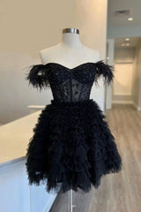 Prom Dress 2038, Black Tulle Knee Length Prom Dress, Black Off Shoulder Evening Dress