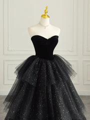 Prom Dress With Long Sleeves, Black Strapless Tulle Formal Dress with Velvet, A-Line Sweetheart Neck Long Prom Dress
