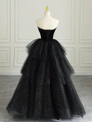 Prom Dress Casual, Black Strapless Tulle Formal Dress with Velvet, A-Line Sweetheart Neck Long Prom Dress