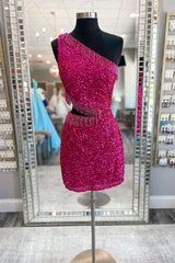 Formal Dresses Classy, Fuchsia One Shoulder Sequins Lace-Up Sheath Homecoming Dress with Tassels