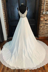 Wedding Dress Shapes, Lace Back White V-Neck A-Line Long Bridal Dress Chiffon Wedding Dresses
