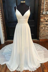 Wedding Dress Shape, Lace Back White V-Neck A-Line Long Bridal Dress Chiffon Wedding Dresses