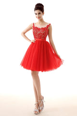 Party Dress Sleeve, Lace Cute Red Short Homecoming Dresses