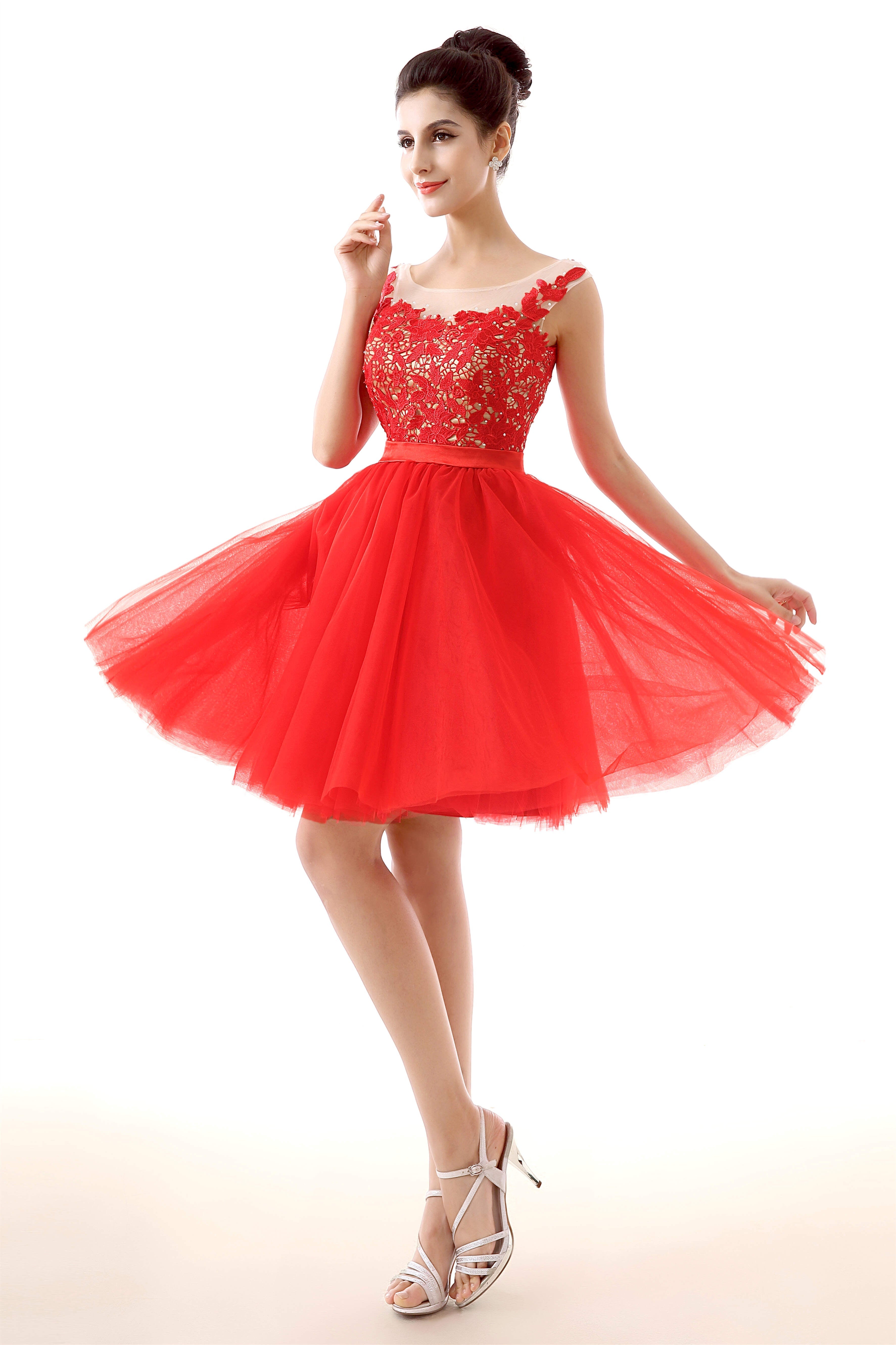 Party Dress With Sleeves, Lace Cute Red Short Homecoming Dresses