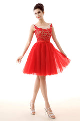 Party Dress Mid Length, Lace Cute Red Short Homecoming Dresses