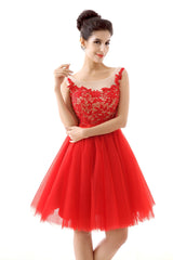 Party Dresses Sleeves, Lace Cute Red Short Homecoming Dresses