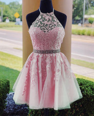 Prom Dress Unique, Lace Embroidery Halter Tulle Homecoming Dresses Cross Back
