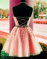 Prom Dress Cheap, Lace Embroidery Halter Tulle Homecoming Dresses Cross Back