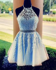 Prom Dresses Ideas, Lace Embroidery Halter Tulle Homecoming Dresses Cross Back