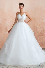 Wedding Dresses A Line Lace, Lace Halter See-through Multi-Layers White Wedding Dresses with Open Back