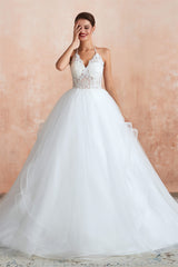 Wedding Dress A Line Lace, Lace Halter See-through Multi-Layers White Wedding Dresses with Open Back
