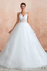 Wedding Dresses And Veils, Lace Halter See-through Multi-Layers White Wedding Dresses with Open Back