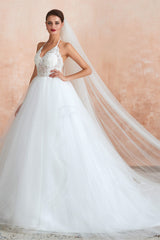 Wedding Dress And Veil, Lace Halter See-through Multi-Layers White Wedding Dresses with Open Back