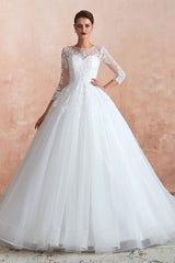 Wedding Dresses With Sleeves Lace, Lace Jewel White Tulle Wedding Dresses with 3/4 Sleeves