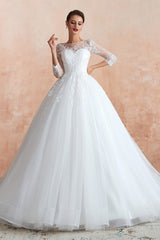 Wedding Dress With Color, Lace Jewel White Tulle Wedding Dresses with 3/4 Sleeves