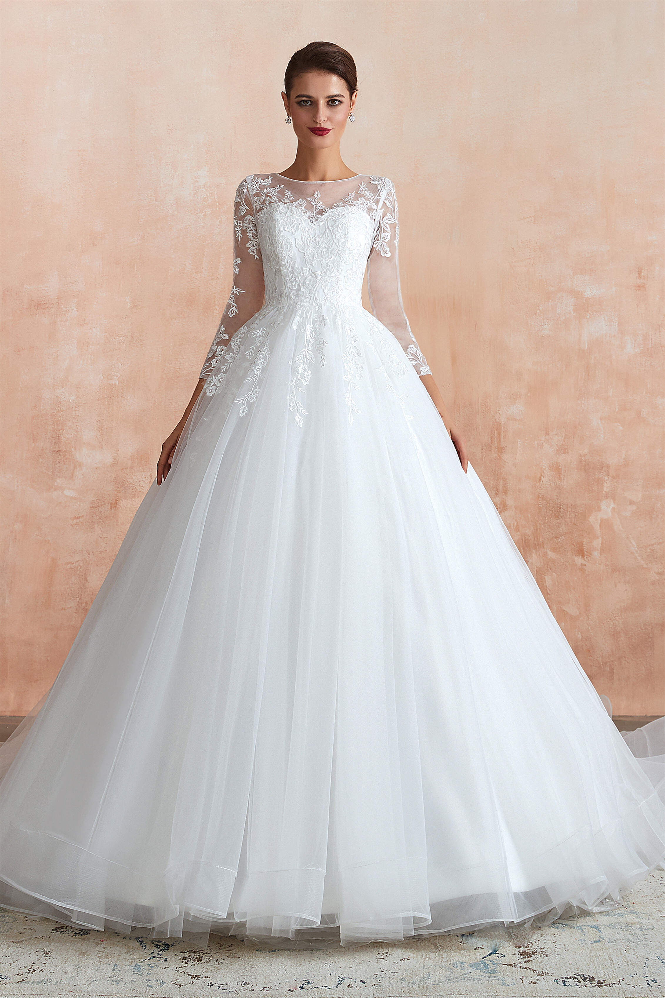 Wedding Dresses With Color, Lace Jewel White Tulle Wedding Dresses with 3/4 Sleeves