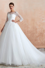 Wedding Dress Backless, Lace Jewel White Tulle Wedding Dresses with 3/4 Sleeves