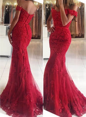 Formal Dresses Midi, Lace Long/Floor-Length Trumpet/Mermaid Sleeveless Off-The-Shoulder Zipper Prom Dress With Appliqued Beaded