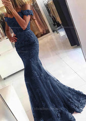 Formal Dresses Over 63, Lace Long/Floor-Length Trumpet/Mermaid Sleeveless Off-The-Shoulder Zipper Prom Dress With Appliqued Beaded