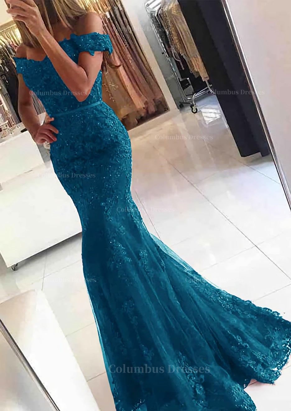 Formal Dresses For Winter Wedding, Lace Long/Floor-Length Trumpet/Mermaid Sleeveless Off-The-Shoulder Zipper Prom Dress With Appliqued Beaded