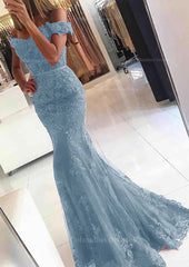 Formal Dresses For Fall Wedding, Lace Long/Floor-Length Trumpet/Mermaid Sleeveless Off-The-Shoulder Zipper Prom Dress With Appliqued Beaded