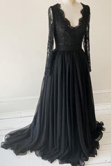 Prom Dresses Country, Lace Long Sleeves Black Evening Gown with Chiffon Skirt
