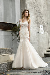Wedding Dress For Dancing, Lace Mermaid Ivory Wedding Dresses with Short Sleeves