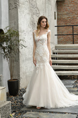 Wedding Dresses For Dancing, Lace Mermaid Ivory Wedding Dresses with Short Sleeves